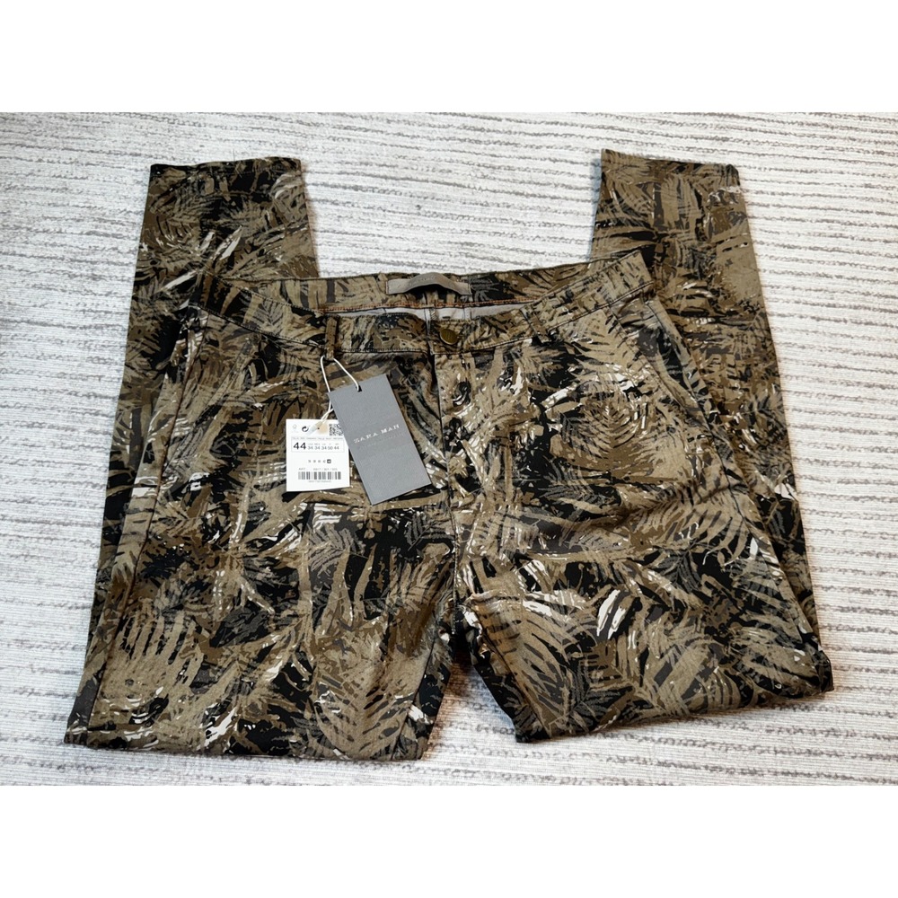 Zara Man Slim Fit Tropical Palm Leaf Print Chino Pants Green Tan Black Mens 34